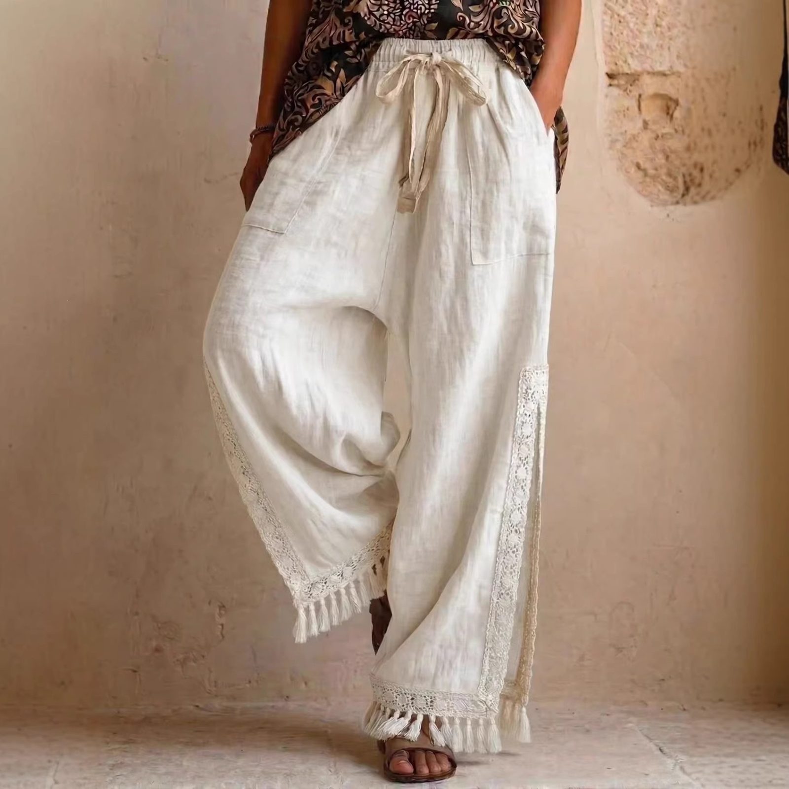 Side-slit Lace Tassel Bohemian-style Wide-leg Vacation Pants