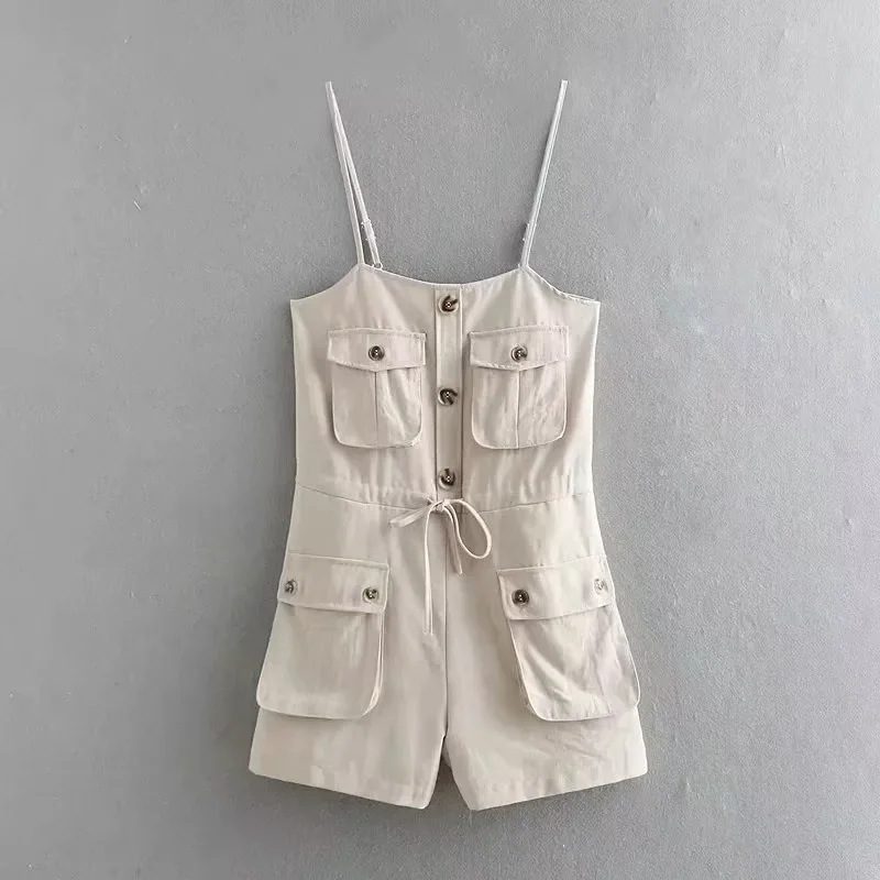 Hot girl three-dimensional pocket one-piece wide leg shorts