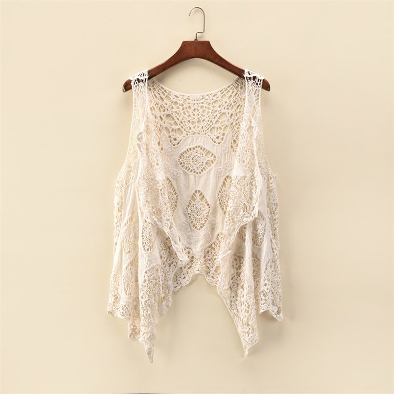 Womens Solid-color Thin Sleeveless Lace Jacket