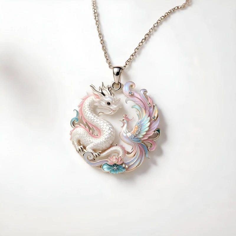 1pcs Gradient Enamel Hollow Dragon Phoenix Lotus Pendant Necklace, Elegant Oriental Style, For Daily Wedding Wear & Couple Lucky Holiday Gifts