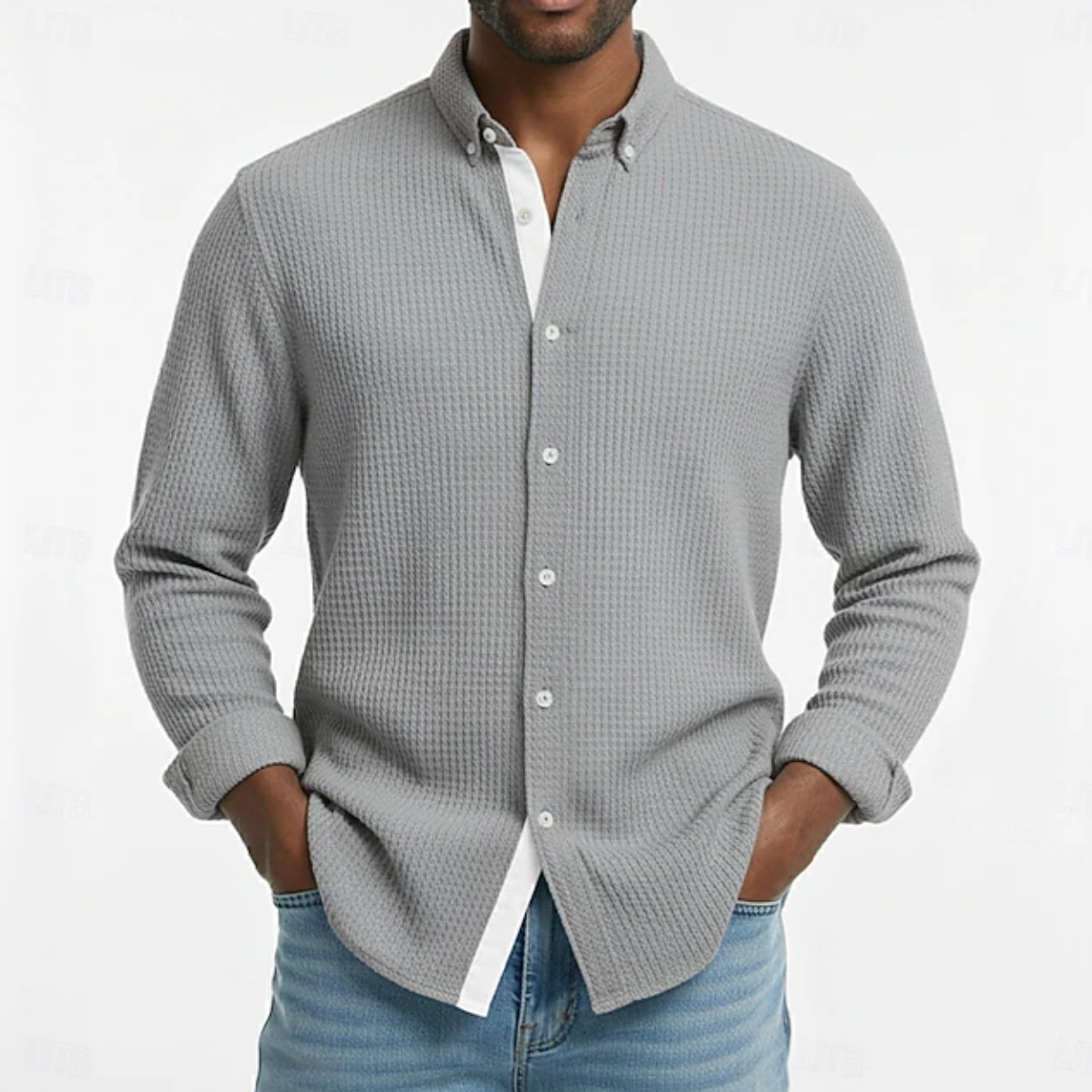 Mens Waffle-knit Long-sleeve Loose-fit Shirt Cardigan