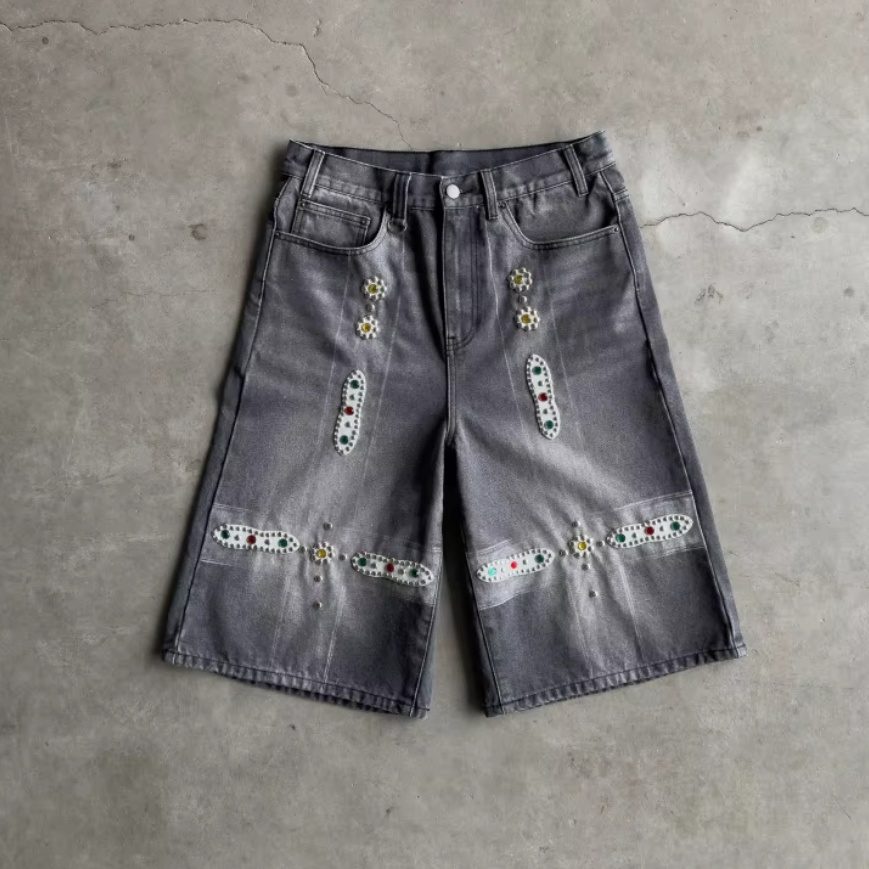 New Leather Patchwork Studded Rhinestone Shorts