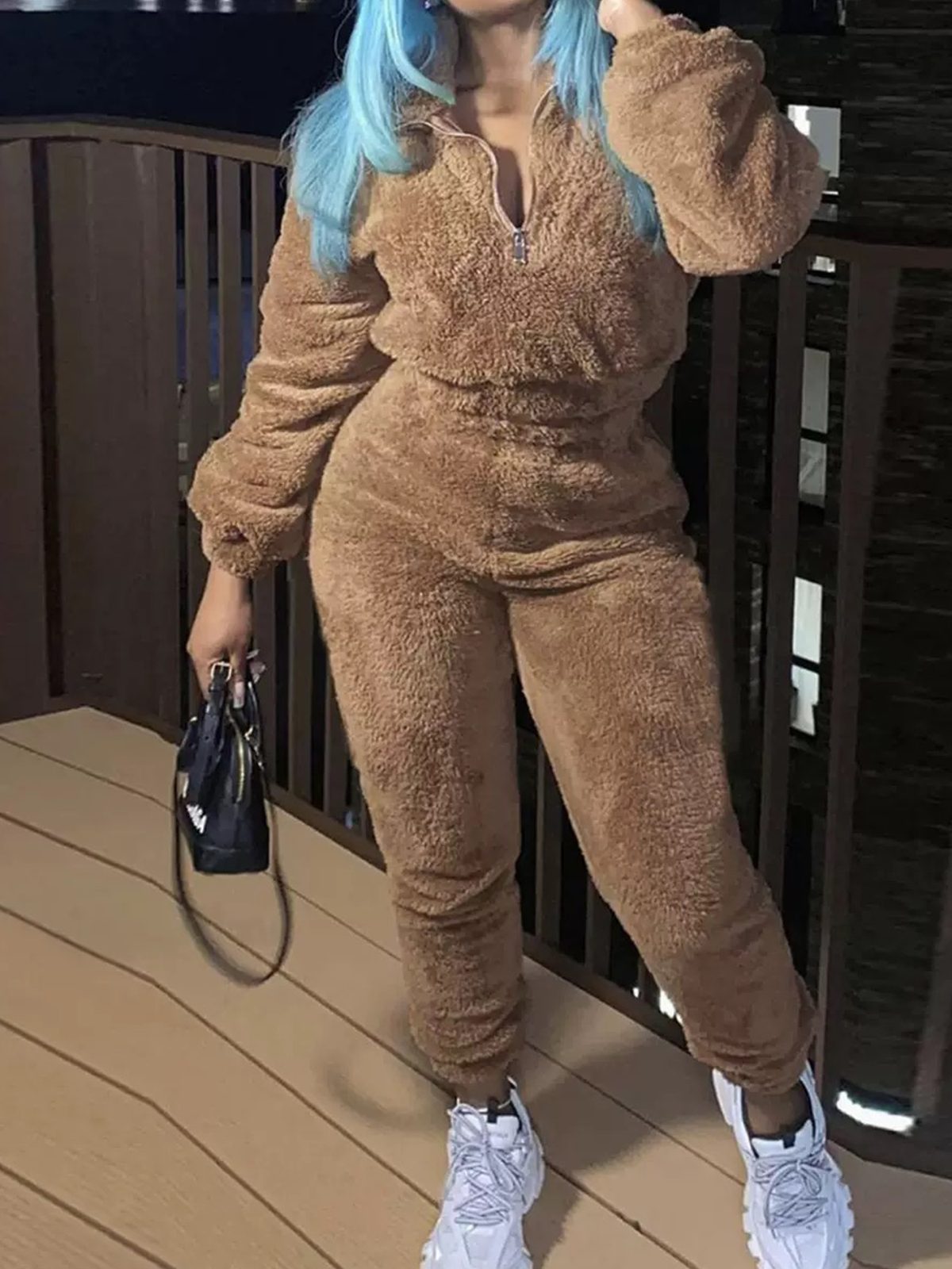 2026 New Women's Solid Color Fleece Two-piece Set, Zipper Long-sleeved Top And Slim-fit Pants, Machine Washable, Winter Clothes For Women