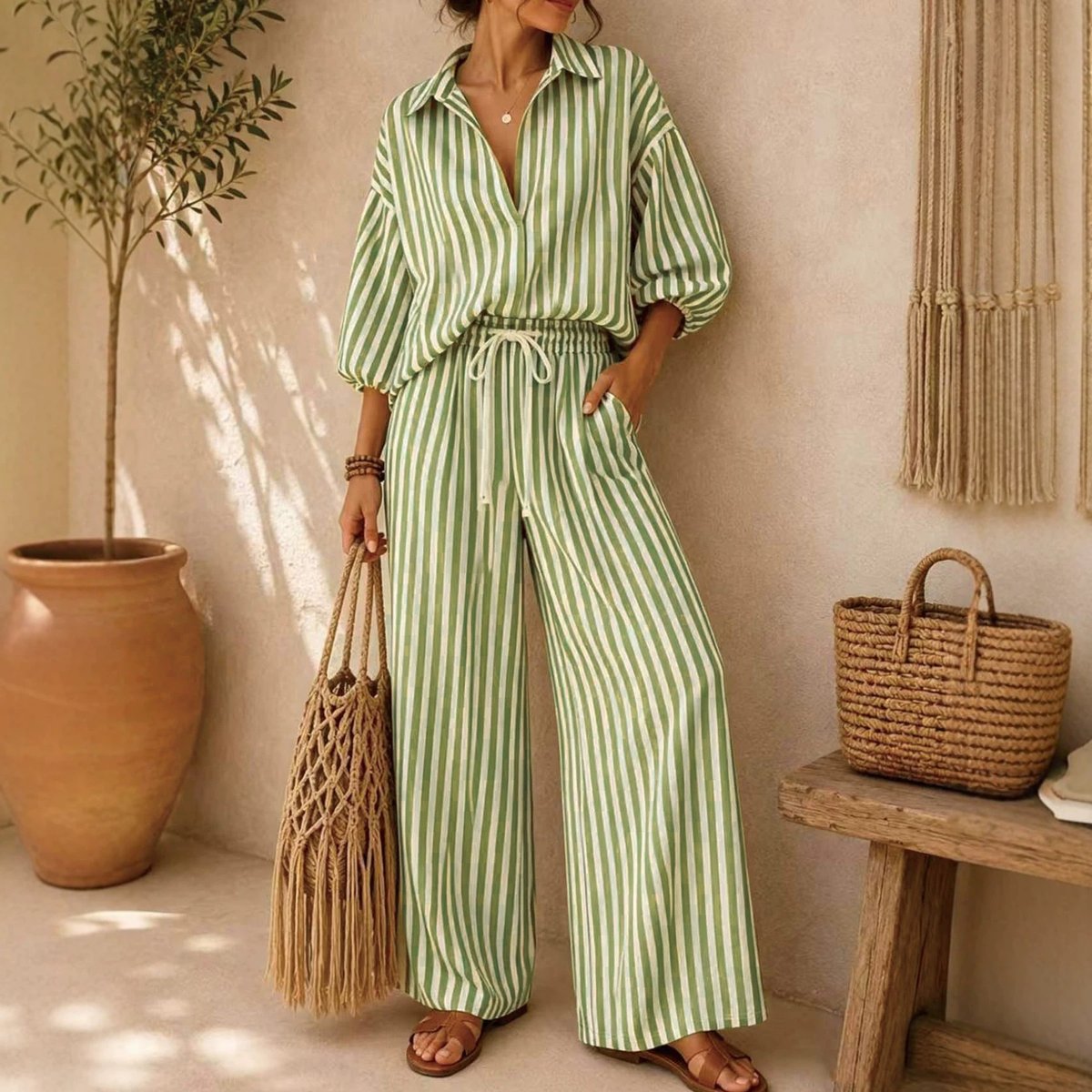 Fashion Striped Women's Long Sleeve Shirt And Loose Pants Two Piece Set