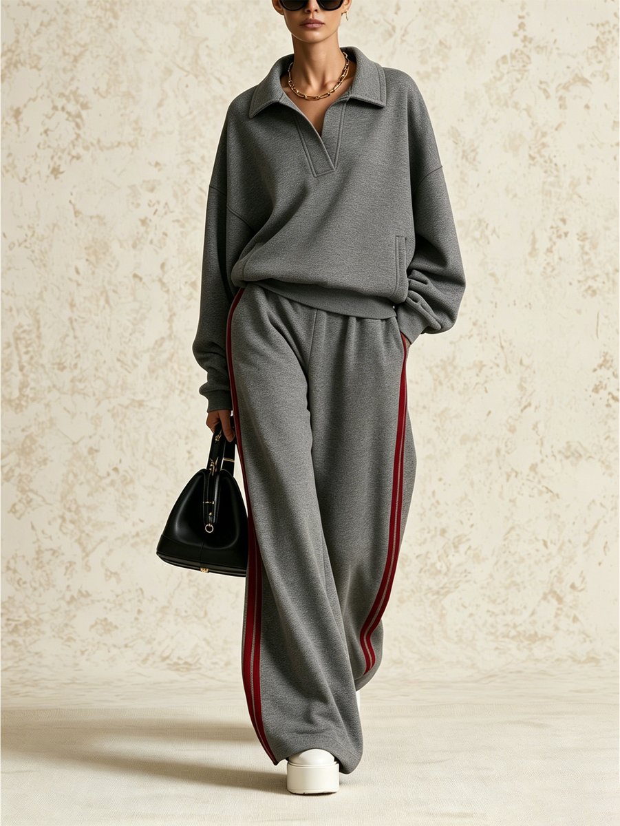 2026 New Winter Spring Women's Casual Two Piece Set  V Neck Sweater With Color Block Wide Leg Pants