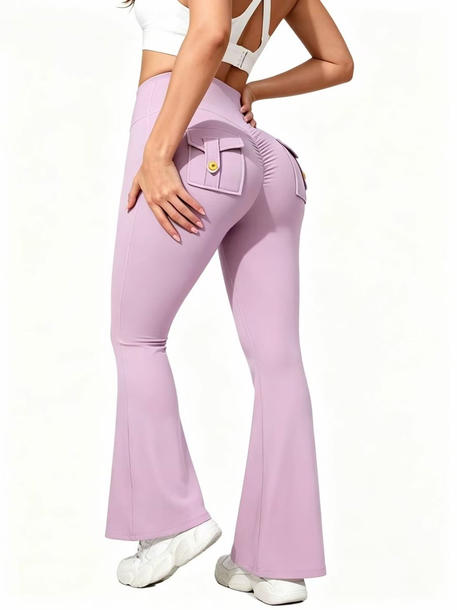 European And American Style Workwear Button Pocket High-elastic Yoga Pants, High-waisted, Butt-lifting, Quick-dry, Slightly Flared, Tummy-controllin…