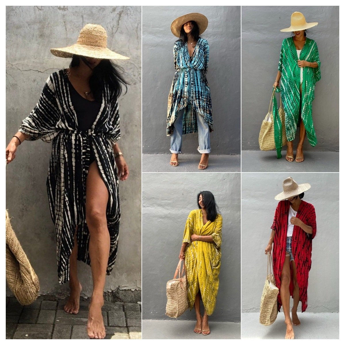 Tie Dye Open Front Long Kimono Swimsuit Coverup For Women