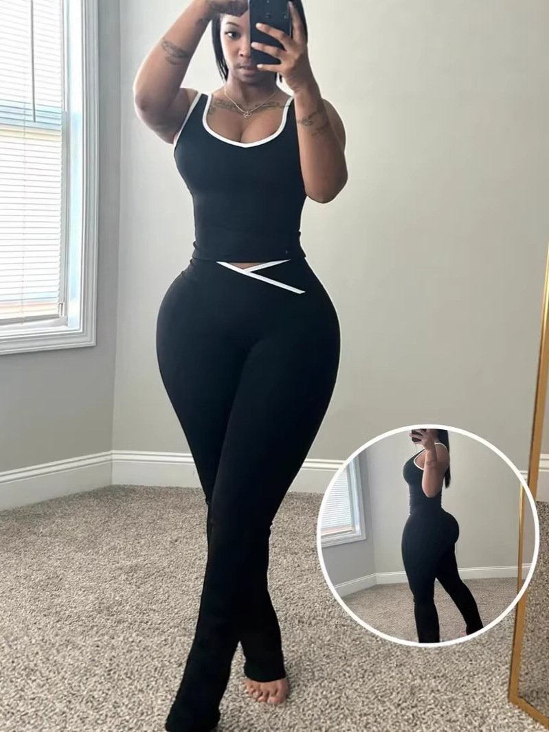 2026 European And American Style Naked-Feel Sports Bra Tank Top High-Waisted Wide-Leg Tight Yoga Pants Color-Blocking Cross-Over Fitness Two-Piece S…