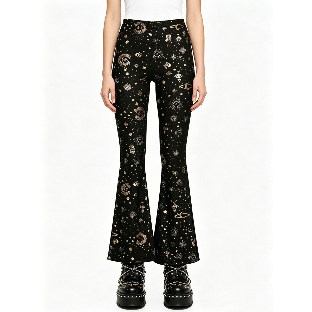 Women's Gothic Celestial Flare Pants - High Waist Black Gold Sun Moon Star Print Bell Bottom Leggings