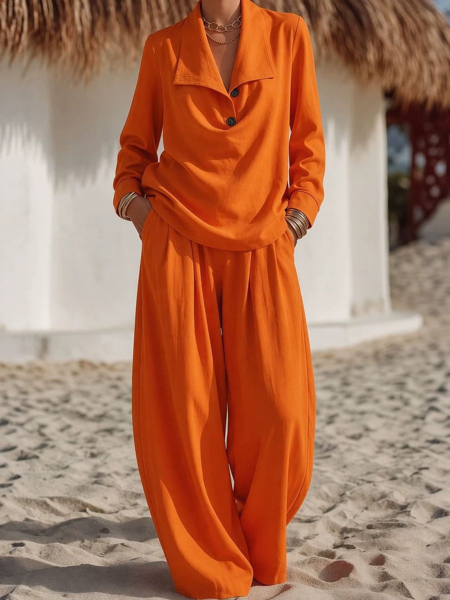 2026 European And American New Women's Two Piece Long Sleeved Temperament Lapel Top Loose Pants Set