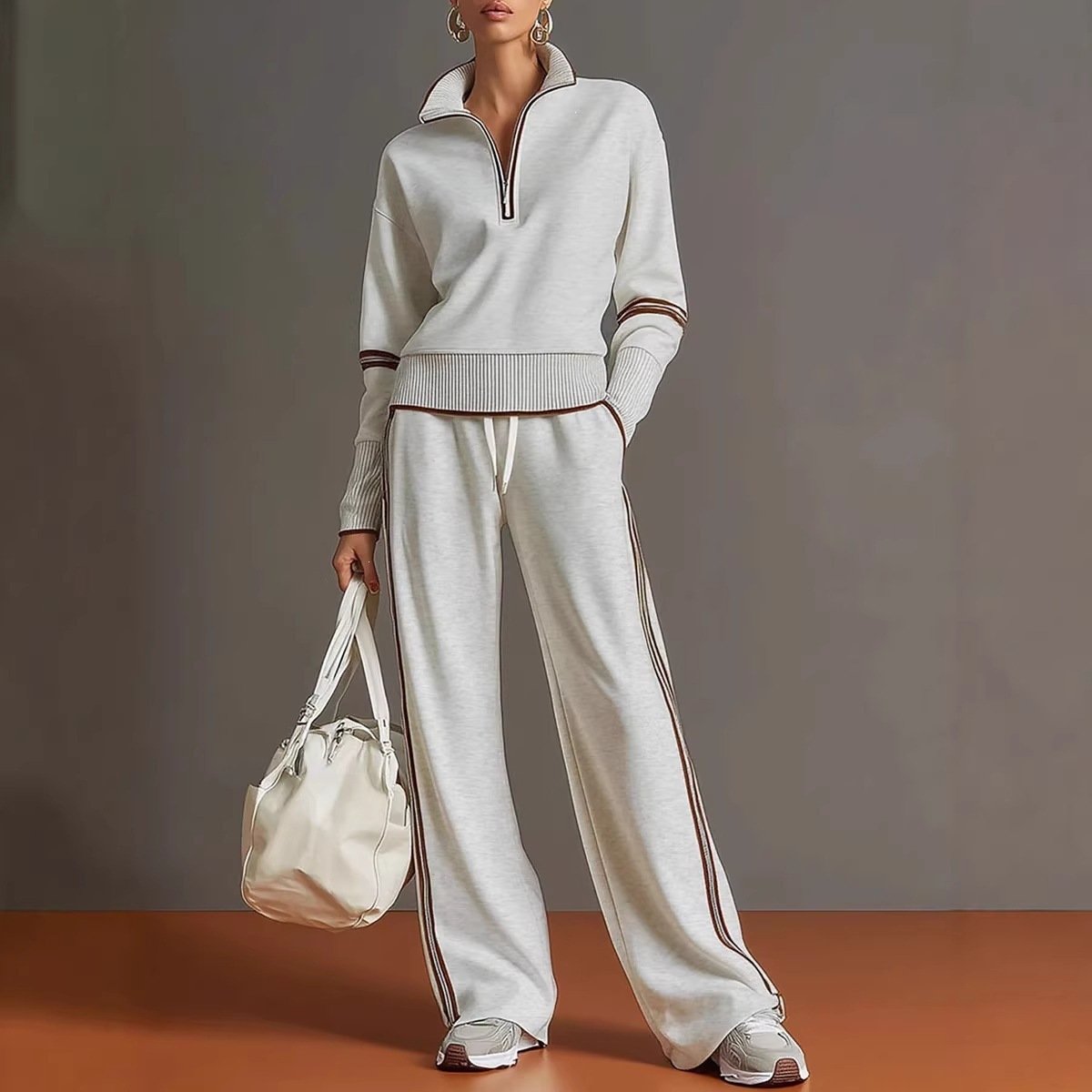2026 New Casual Sports Suit European And American Style Contrasting Color Stand Up Collar Sweatshirt Wide Leg Pants Two Piece Set