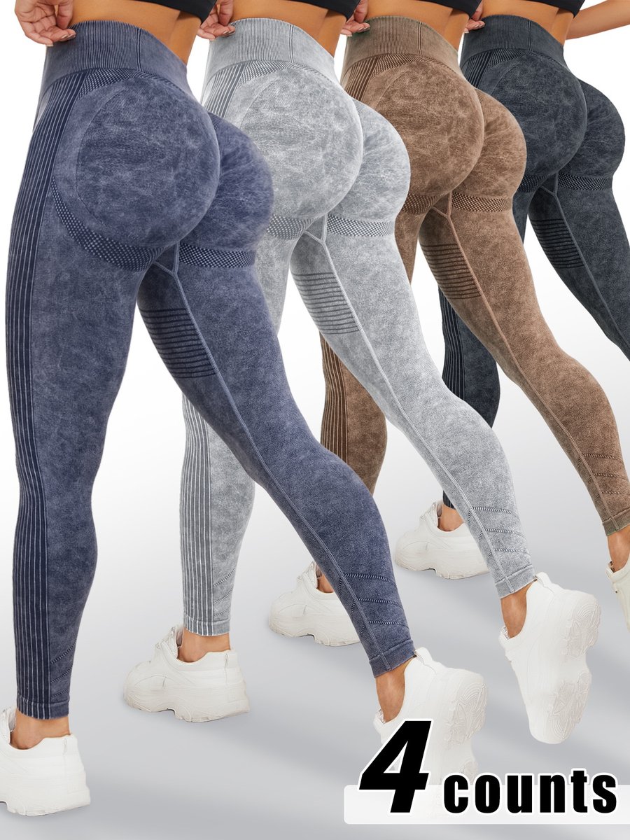 Women's 4 Pack Acid Wash Seamless Leggings, High Waist Scrunch Butt Peach Hip Yoga Pants, Stretch Tummy Control Squat Proof Fitness Workout Leggings…