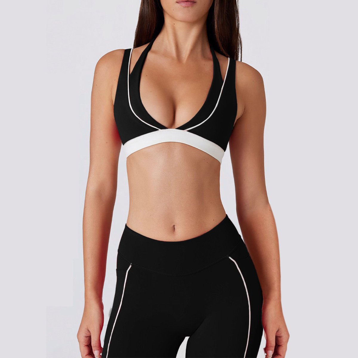 Cross-Border Two-Piece Color-Blocked Running And Fitness Shorts V-Neck Halter Sports Bra Set With A Naked-Feel Yoga Outfit