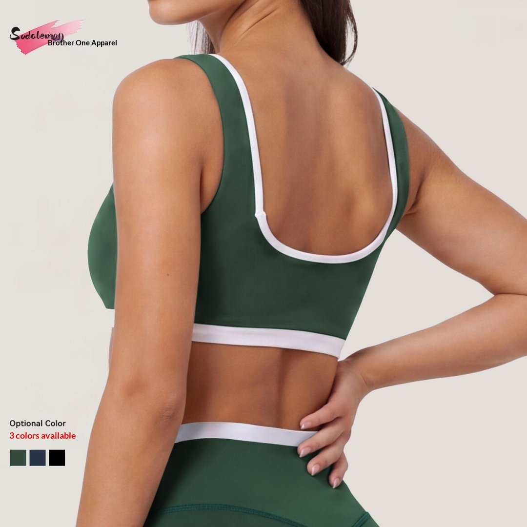 Womens Contrast Double Strap Sports Bra  Square Neck Wireless Padded Yoga Crop Top