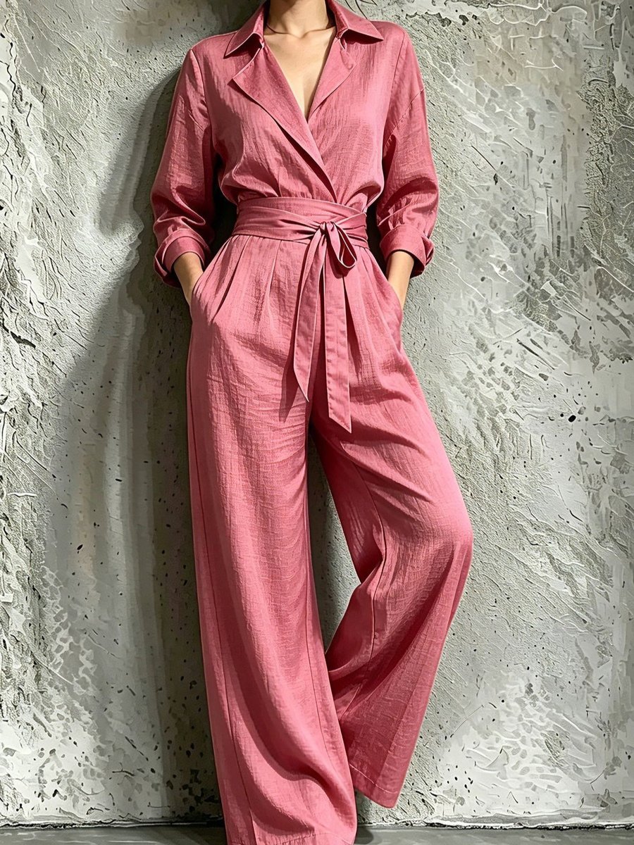 Women Lapel Wrap V Neck Jumpsuit Long Sleeve Self Tie Waist Wide Leg Pants Romper With Pockets Elegant Office Party One Piece Outfit