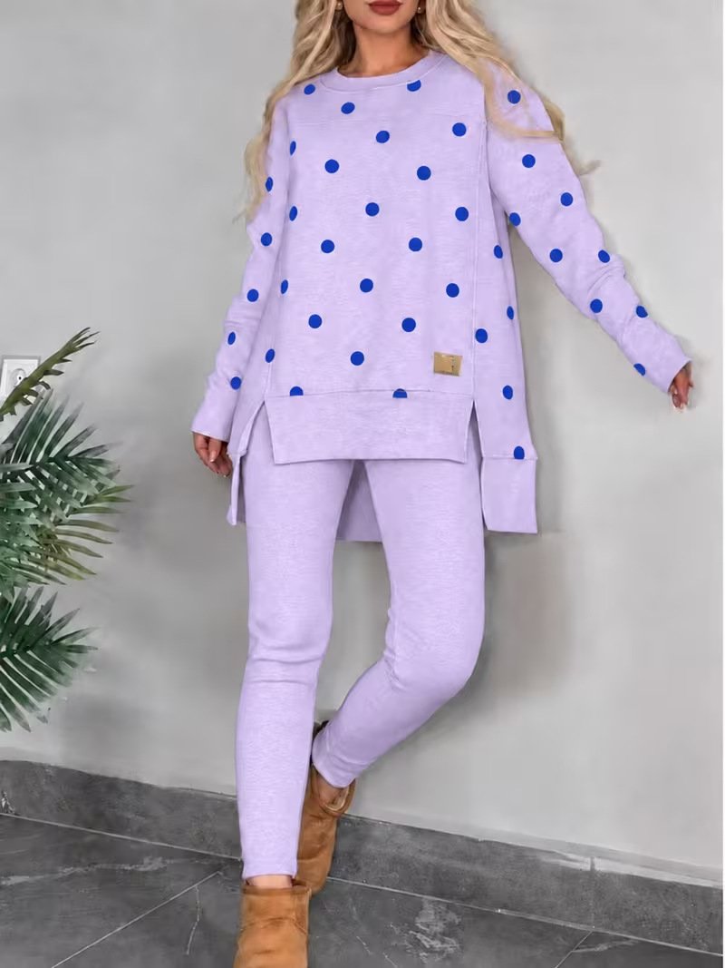 Women's Polka Dot 2 Piece Outfit Set, Long Sleeve Round Neck Side Slit Sweatshirt And Solid Leggings Loungewear Tracksuit