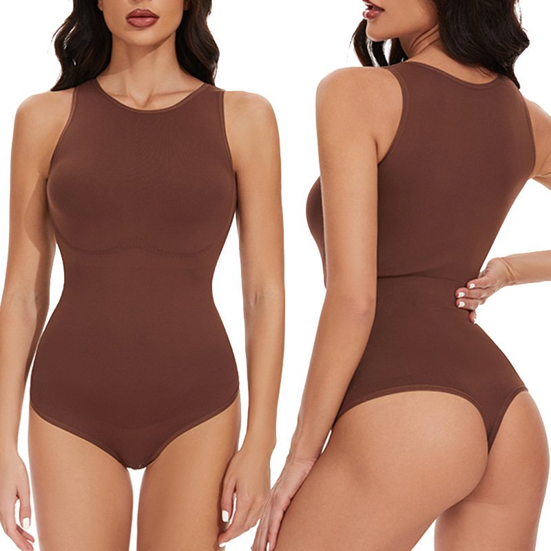 European And American Cross-Border Hot-Selling Tight-Fitting Tummy-Shaping Shapewear Waist Vest Solid Color Round Neck Jumpsuit Jumpsuit