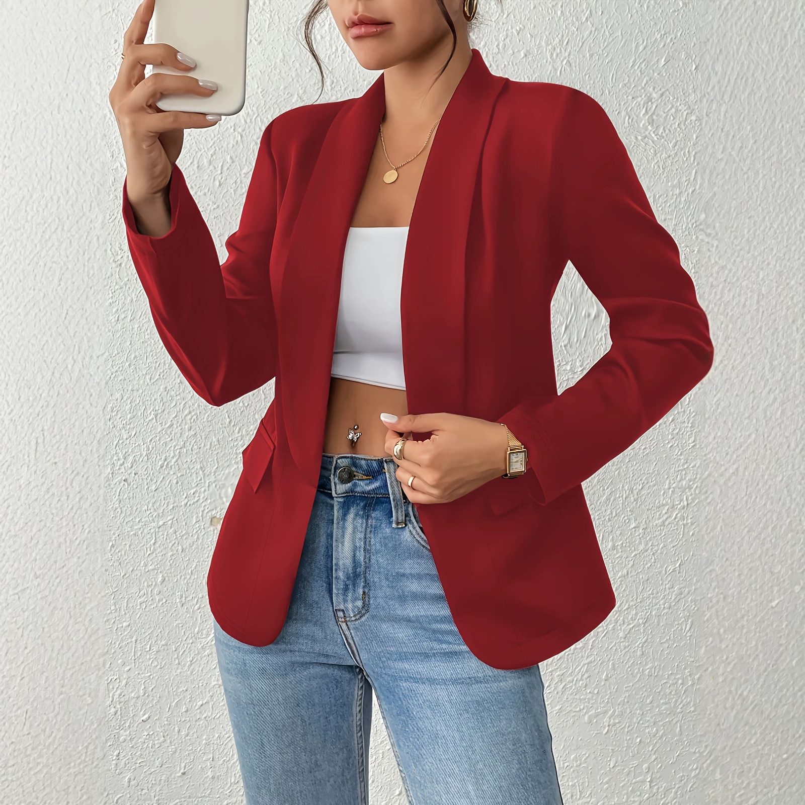 Womens Solid-color Lapel Coat With Pocket Flaps And Long Sleeves