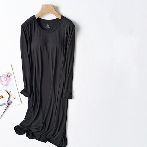 Women's Long-sleeve Modal Nightdress With Built-in Bra Loose-fitting Loungewear