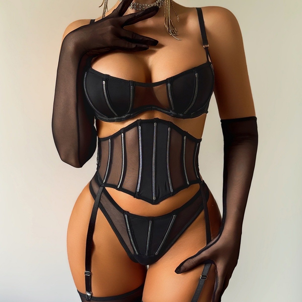 Black Ultra-thin Sheer Mesh Spliced Five-piece Shapewear Set With Gloves