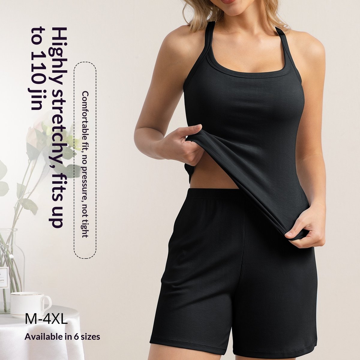 Wearable Womens Summer Pajamas Camisole With Built-in Bra Pads And Thin-strapped Shorts