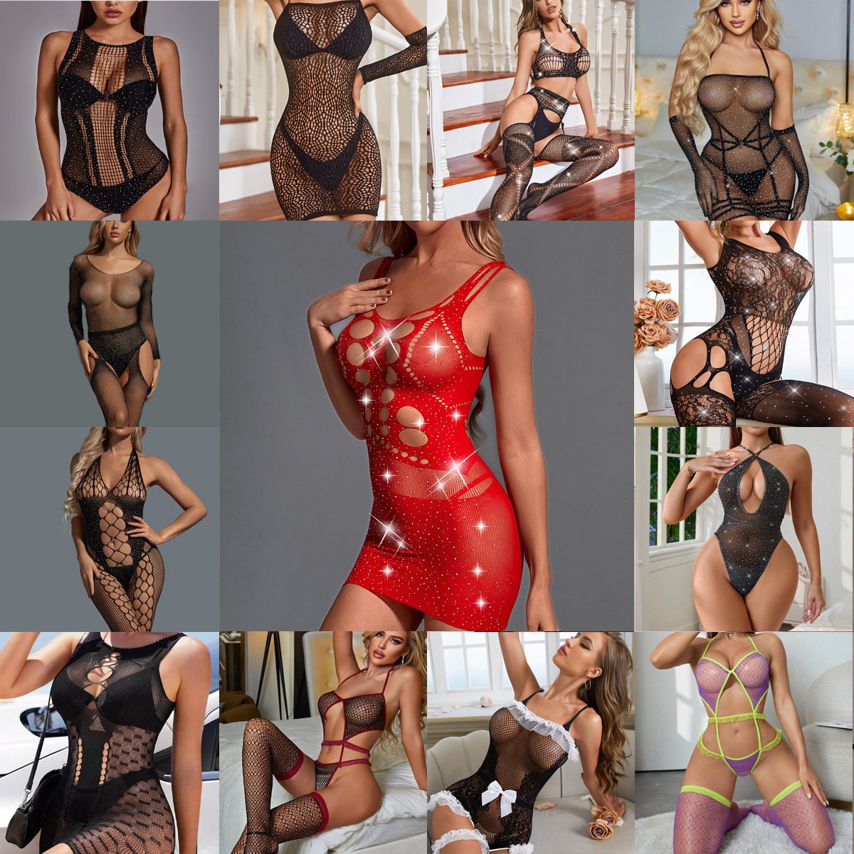 Women's Transparent Hollow-out Sexy Bodysuit Set
