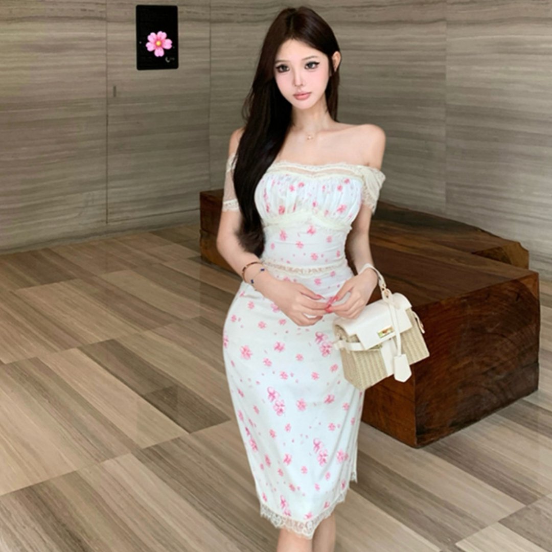 Polka Dot Floral Mesh Lace Top With Flutter Sleeves High Waist Slit Bodycon Skirt Two Piece Set For Women