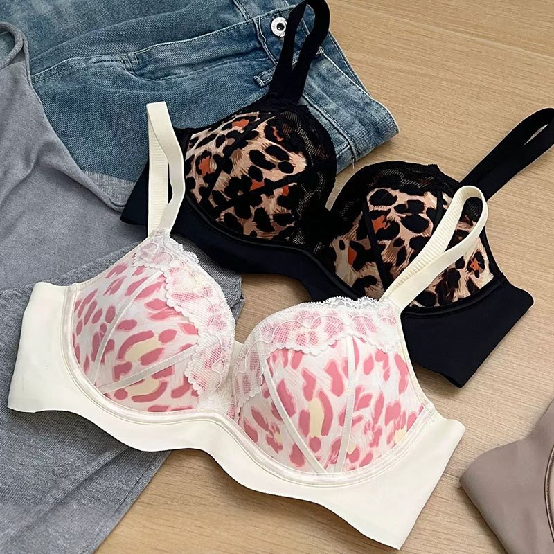 Leopard-print Lace Lingerie For Women Push-up Bra To Enhance Small Busts