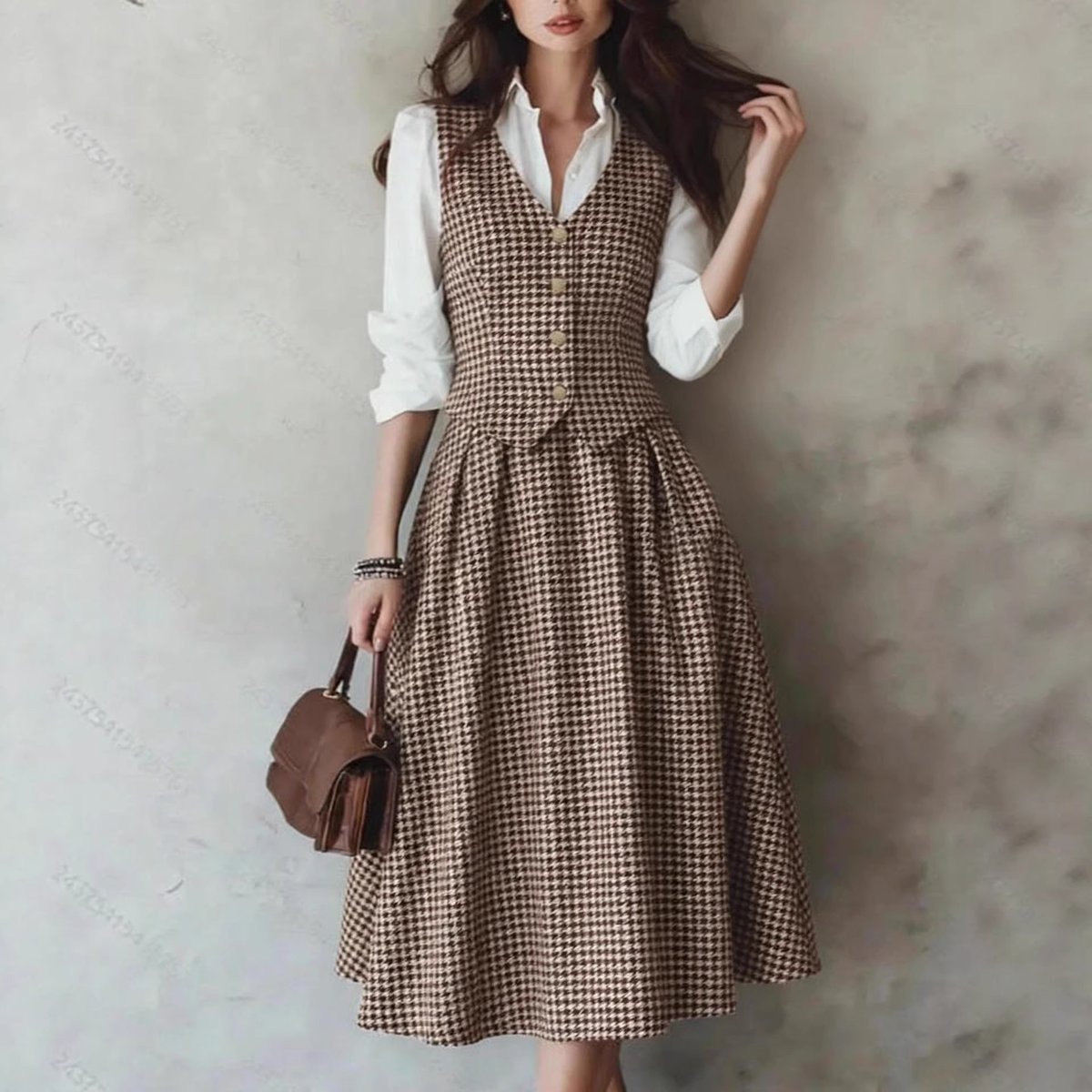 Vintage Plaid Vest Top And Flared Umbrella Skirt Set - Women's Slim Fit Two Piece Office Work Elegant Suit
