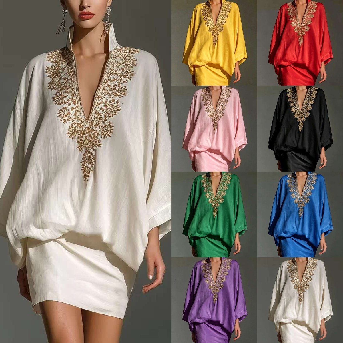 Gold Print Satin Two Piece Set Stand Collar Batwing Sleeve Vintage Loose Mini Skirt Suit For Women Elegant Casual Outfit