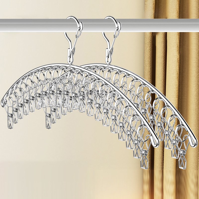 Stainless Steel Multi-Clip Clothes Hanger Windproof Sock Drying Rack With Hooks For Underwear Dorm Home Use