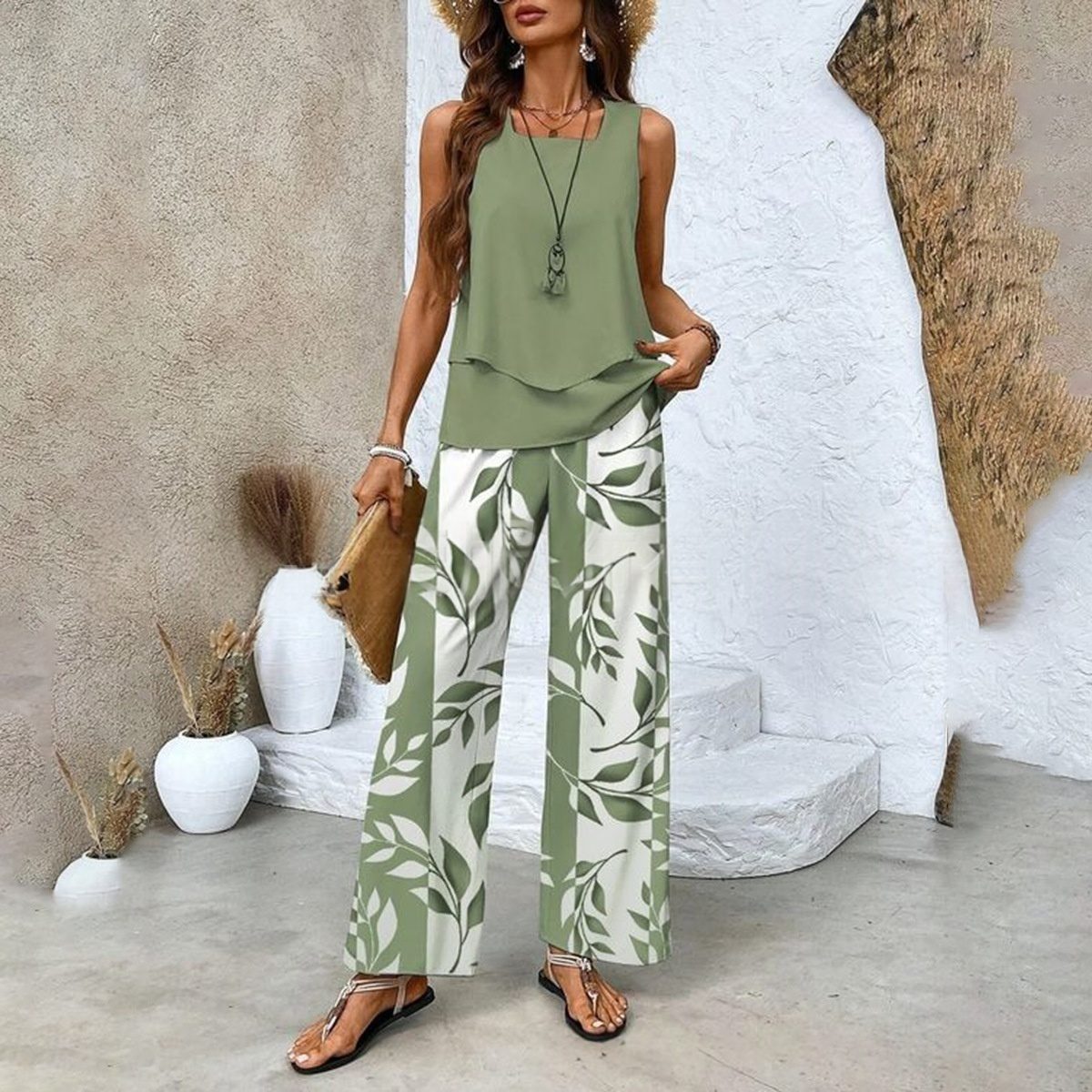 Sleeveless Double-layer Vest And Pants Set, Cotton-like