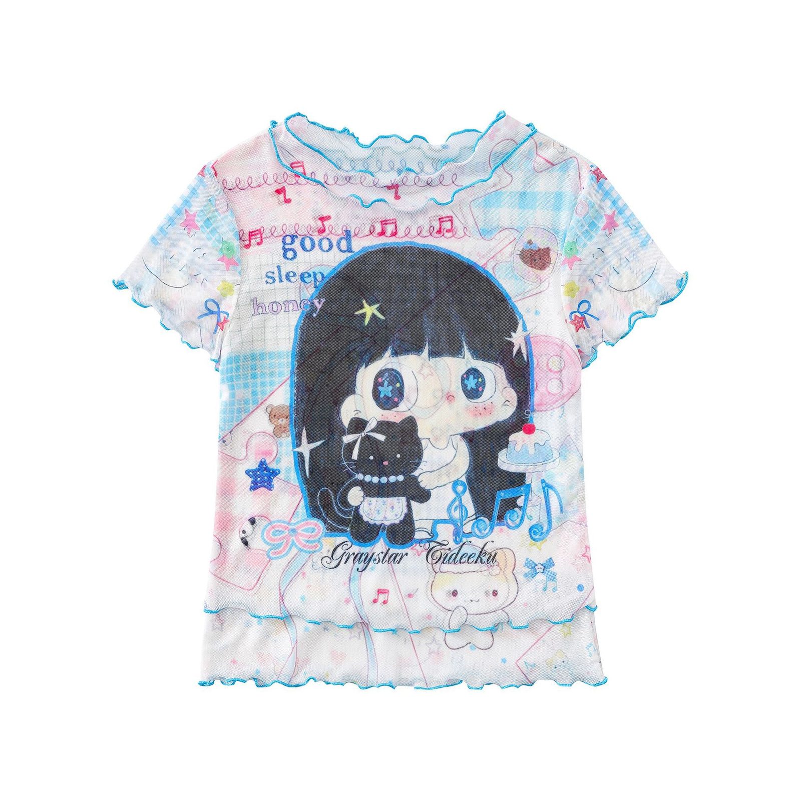 Cartoon Graffiti Mesh T-Shirt Color-Blocked Plaid Ruffle Trim Fitted Bodysuit