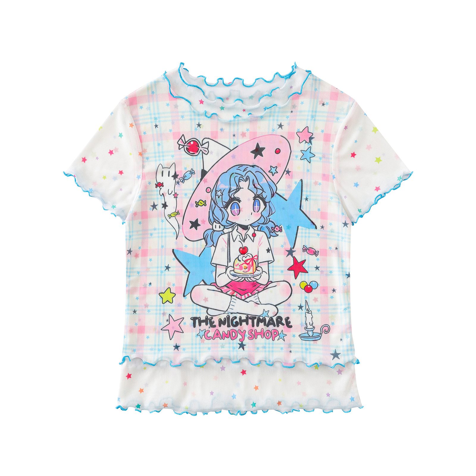 Cartoon Graffiti Mesh T-Shirt Color-Blocked Plaid Ruffle Trim Fitted Bodysuit