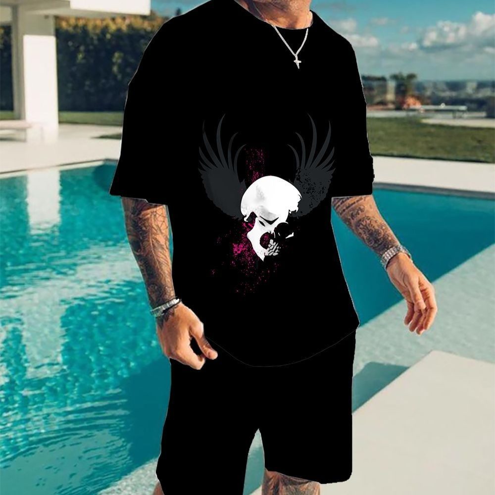 Skull-pattern 3D-printed T-shirt And Shorts Set