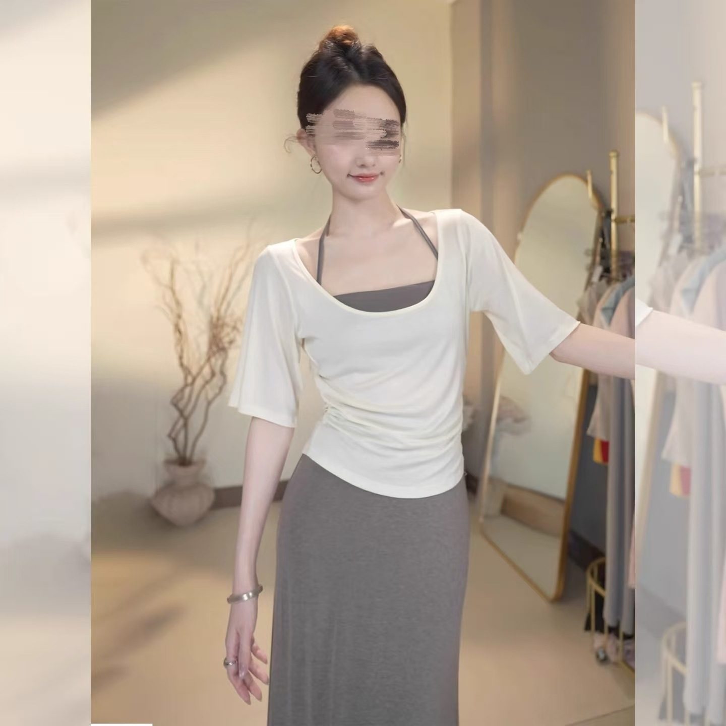 Short Sleeve T-Shirt for Women, Halter Neck Fitted Top with Built-in Bralette and Strapless Two-Piece Set