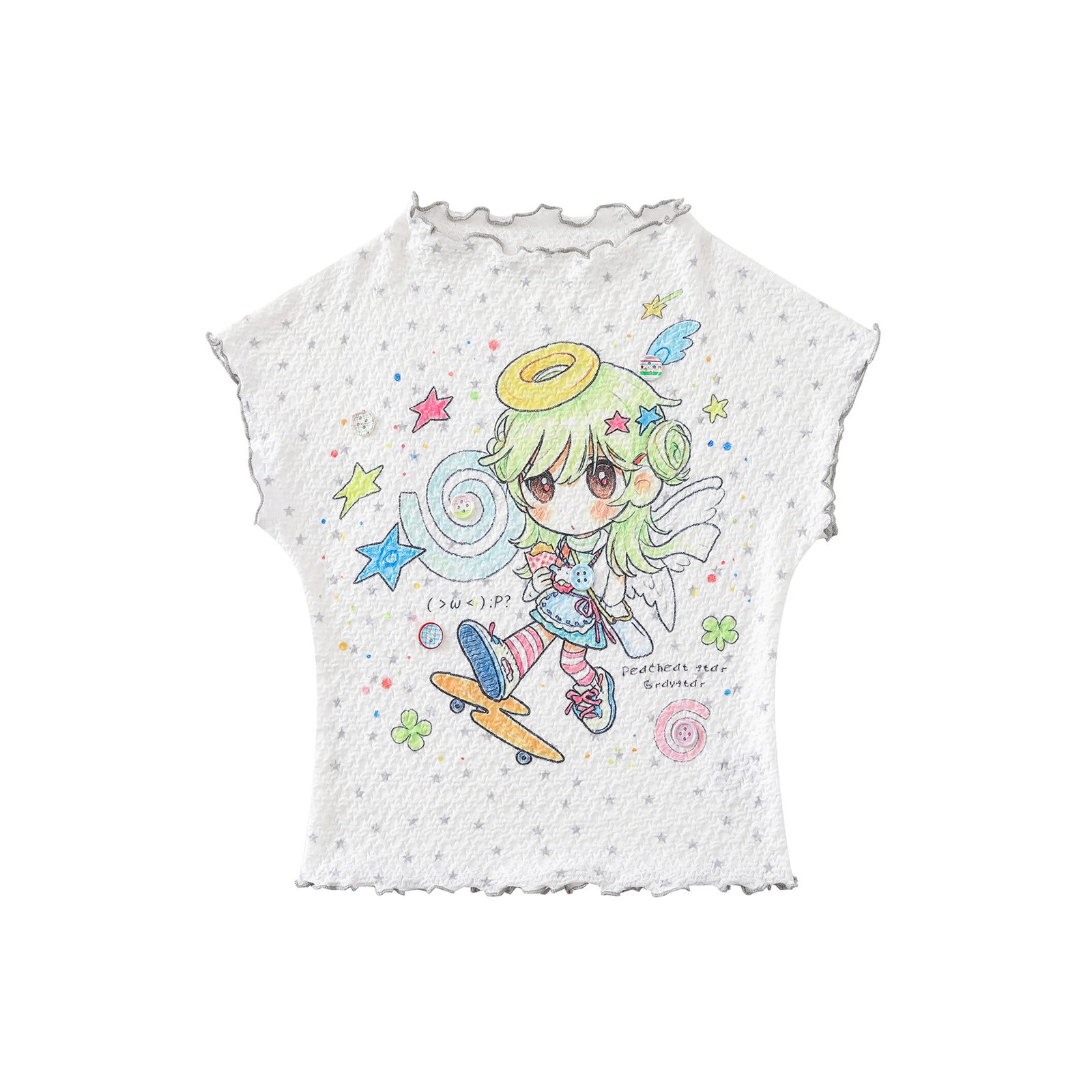 Cartoon Graffiti Mesh T-Shirt Color-Blocked Plaid Ruffle Trim Fitted Bodysuit