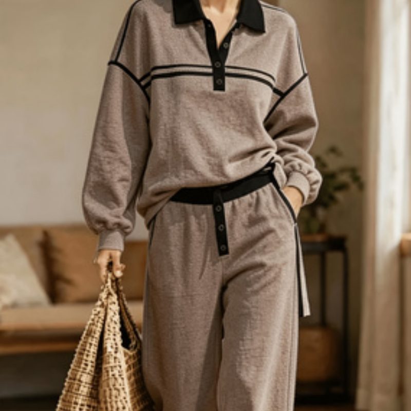 Collared Top And Loose Wide-leg Pants Set