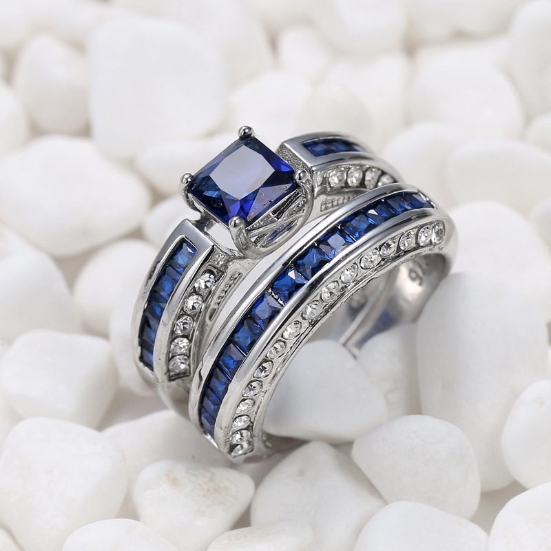Royal Blue Zircon Ring And Bracelet Set, Diamond-studded Creative Jewelry