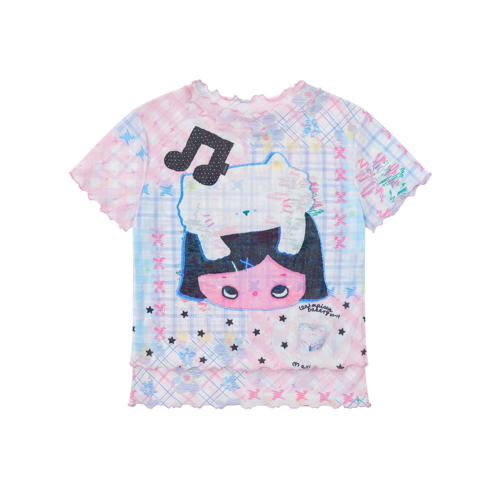 Cartoon Graffiti Mesh T-Shirt Color-Blocked Plaid Ruffle Trim Fitted Bodysuit