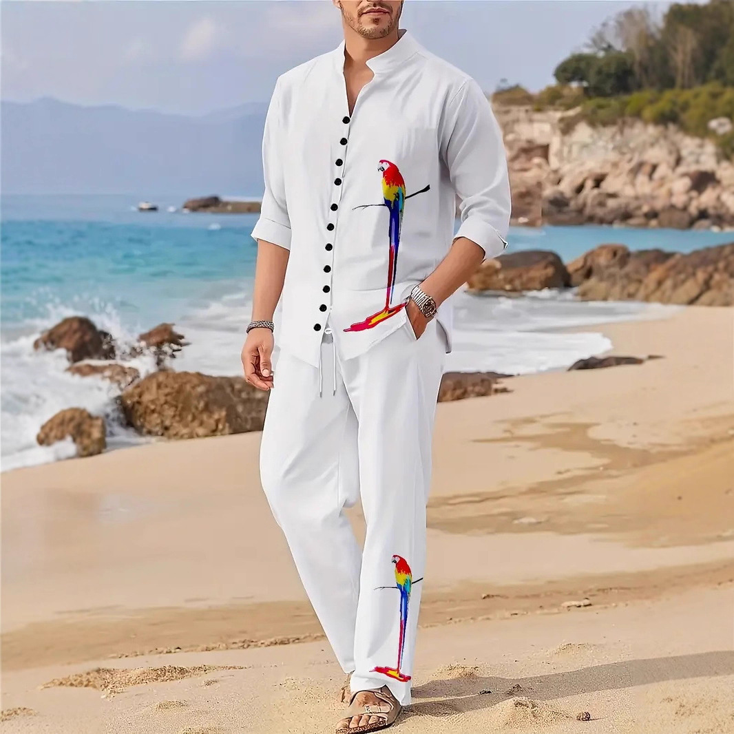 Spring Autumn Casual Lapel Long-Sleeve Mens Shirt Set