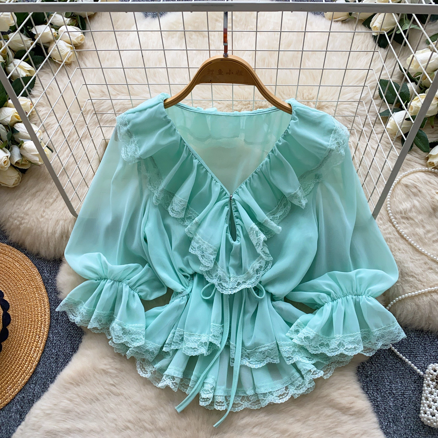 Womens Solid-Color French-Style V-Neck Lace Ruffled Hem Shirt
