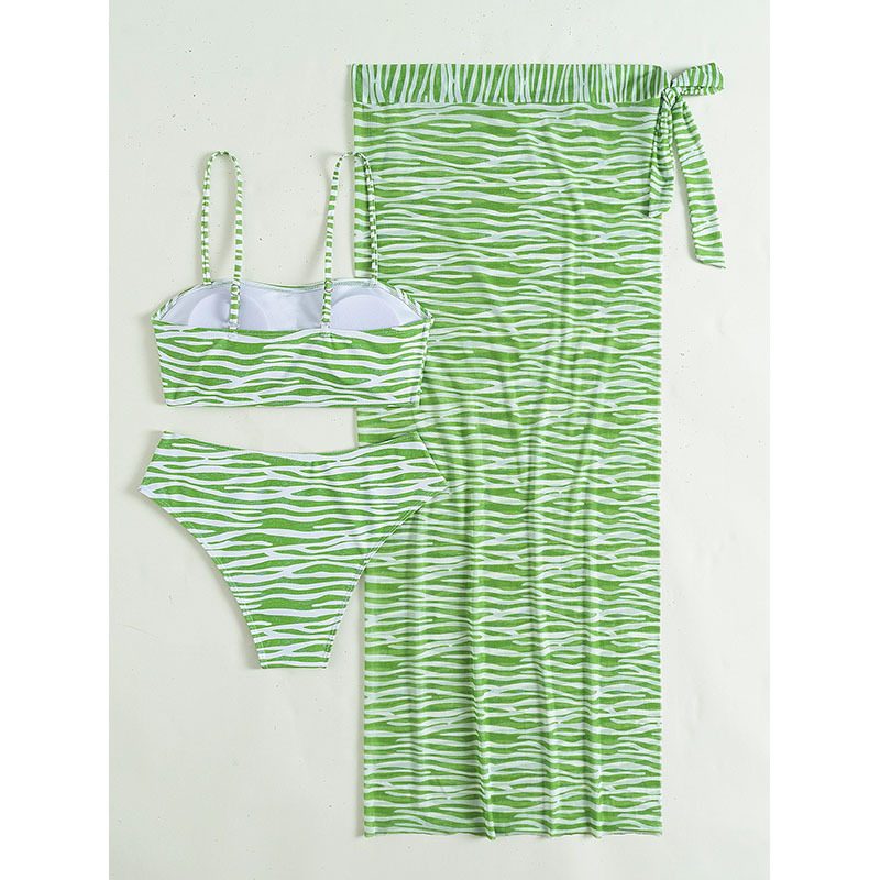 Sexy Striped Bikini Three-Piece Swimwear Set with Beach Dress