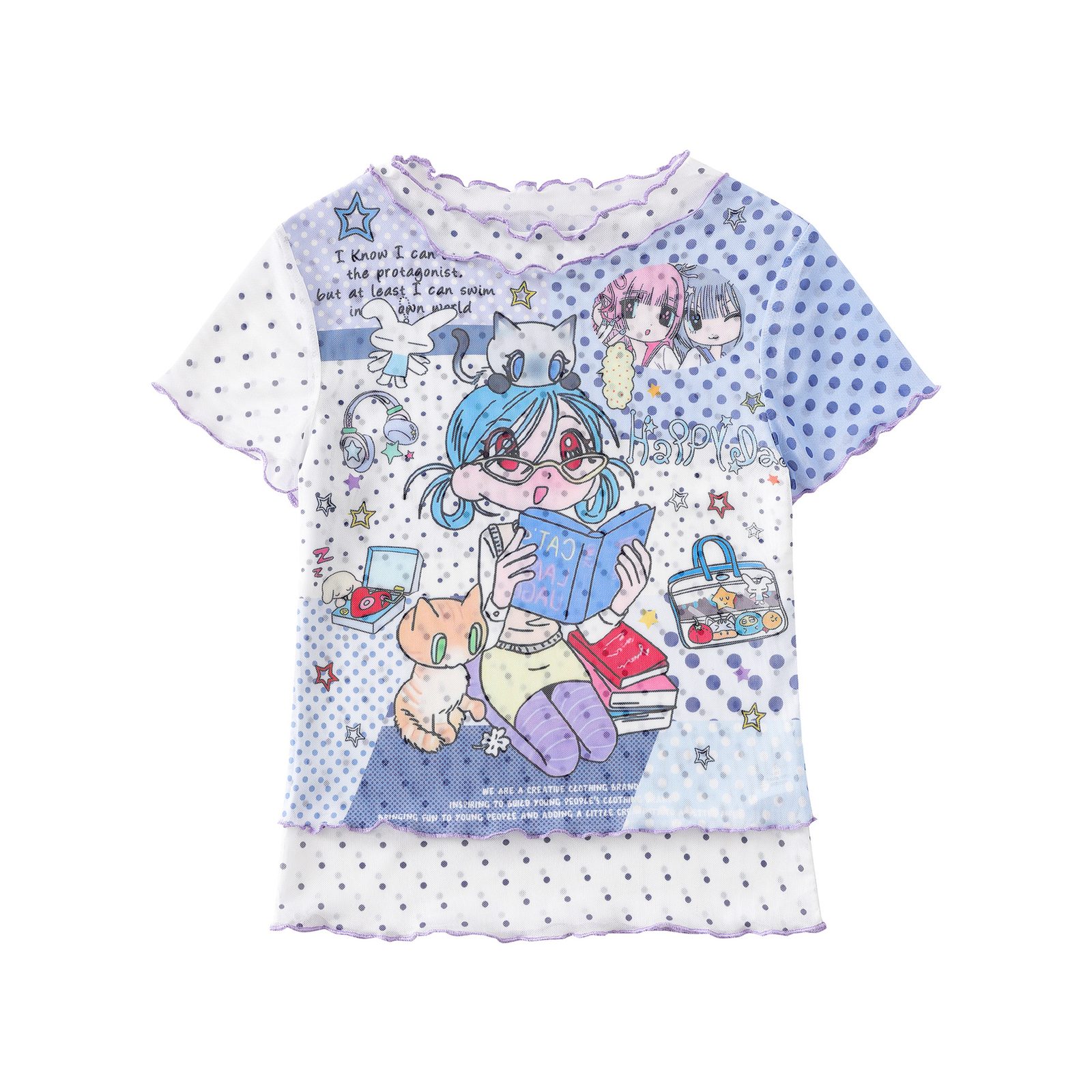 Cartoon Graffiti Mesh T-Shirt Color-Blocked Plaid Ruffle Trim Fitted Bodysuit