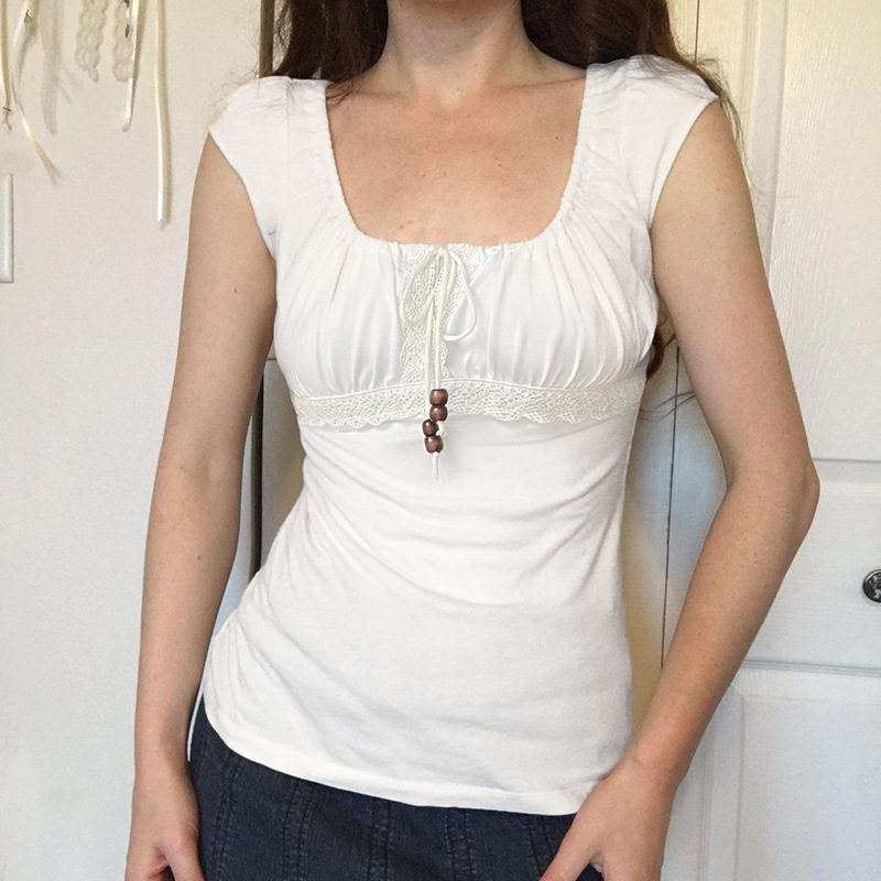 Retro Girly Beaded Drawstring Lace-panel Short Top