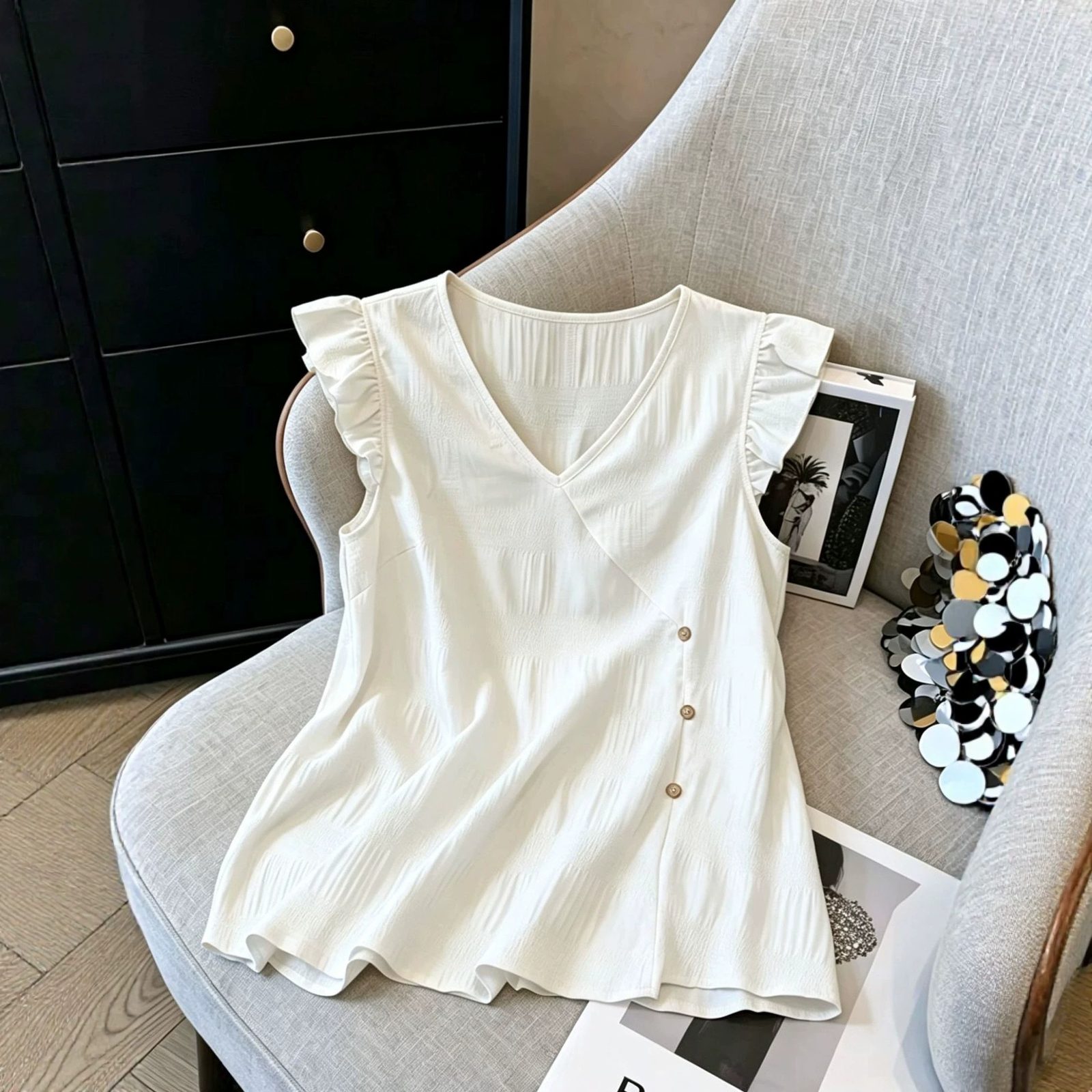 French-style V-neck, Fluttery Three-quarter Sleeves, Textured Top