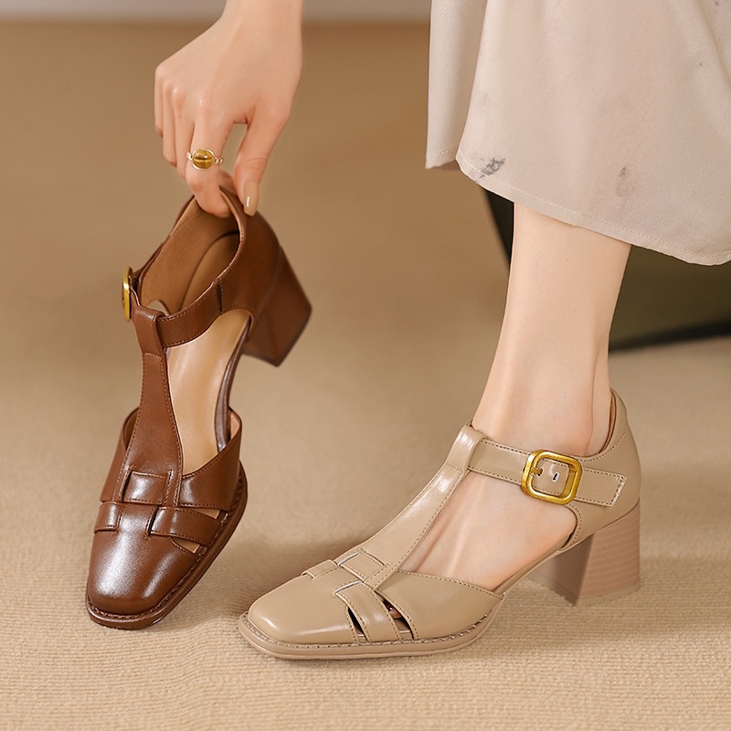 Chunky-heeled High Heel Genuine LeatherSquare-toe Womens Shoes French Vintage Style
