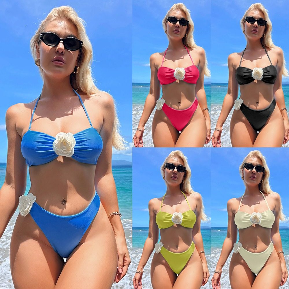 Sexy Solid-Color Halter Neck Tube Top Floral Two-Way Bikini