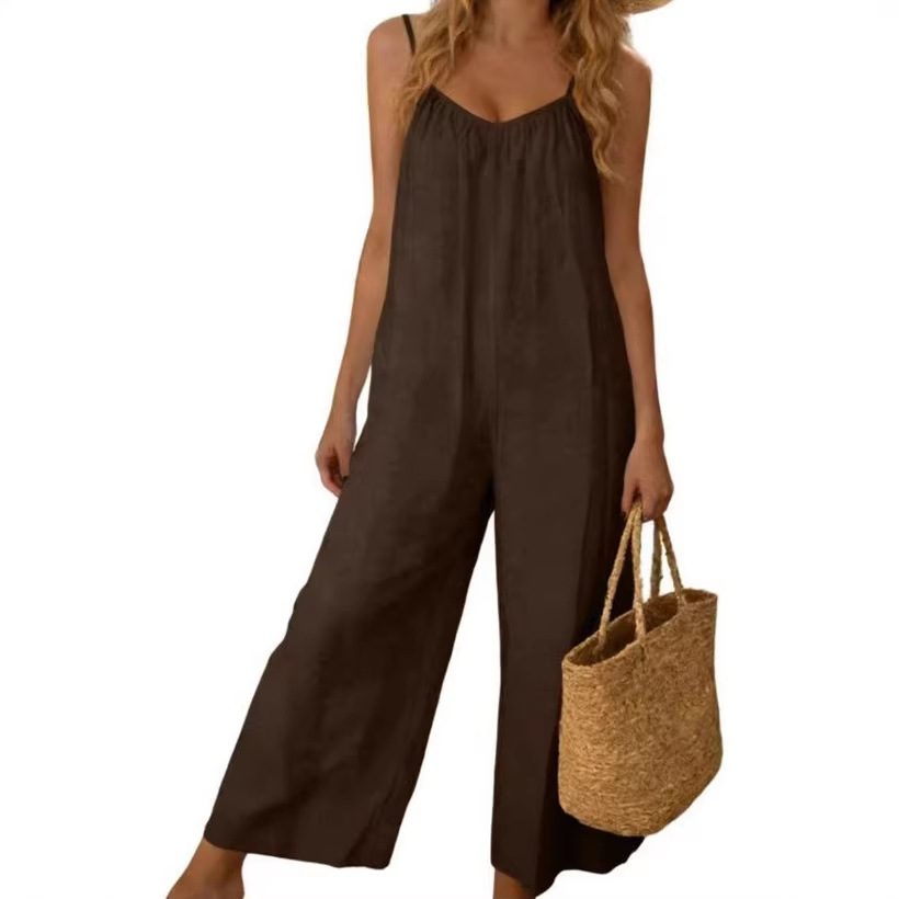 Adjustable-strap Jumpsuit Solid-color With Patch Pockets Loose-fit Overalls