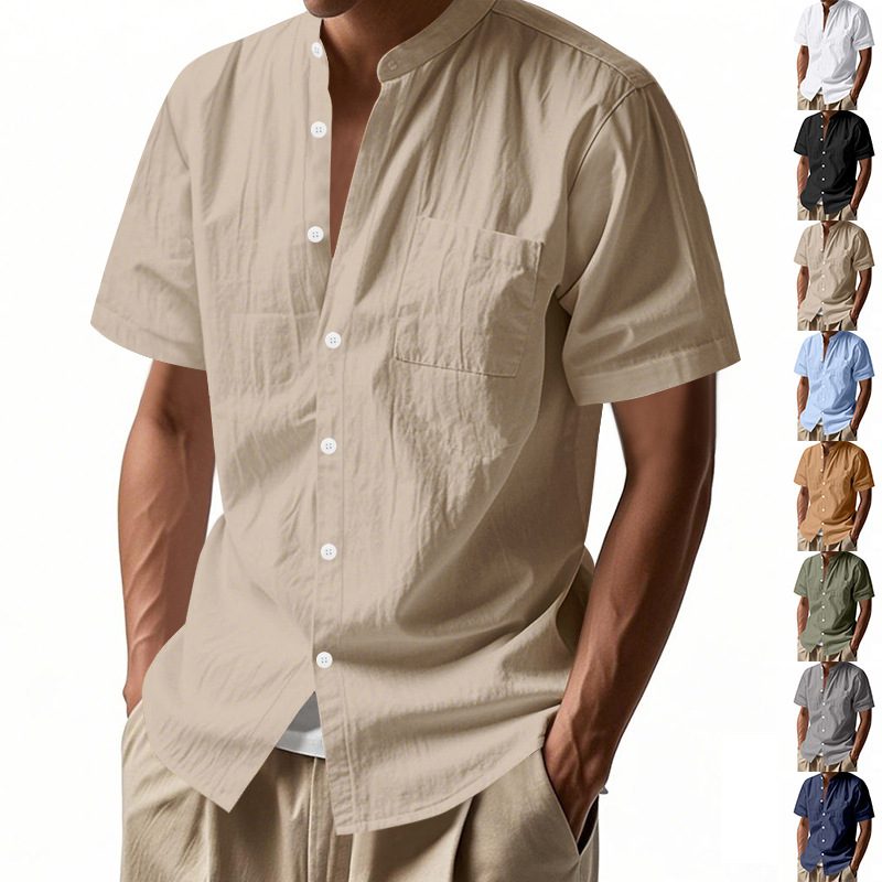 Solid-color Casual Stand-collar Beach Short-sleeve Shirt For Men
